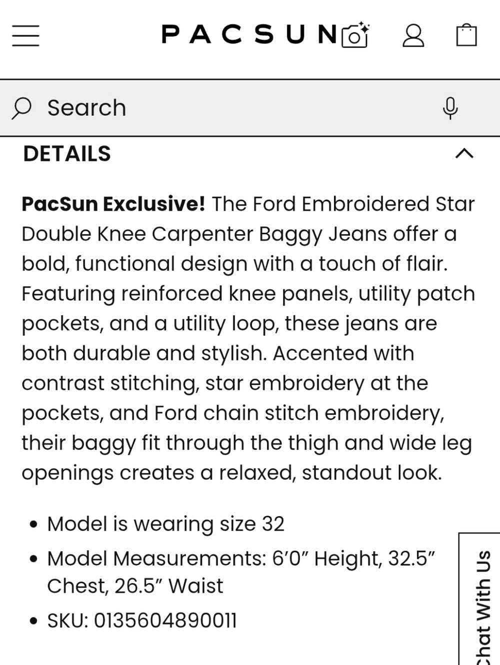 FORD Embroidered Star Double Knee Carpenter Baggy Jeans Sz 32 - Picture 6 of 13